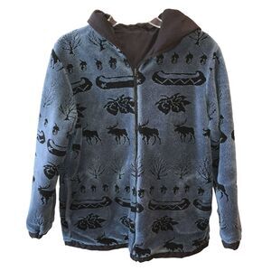 VTG Denali Womens Medium Blue Elk Canoe Fleece Hooded Zip Reversible Jacket M
